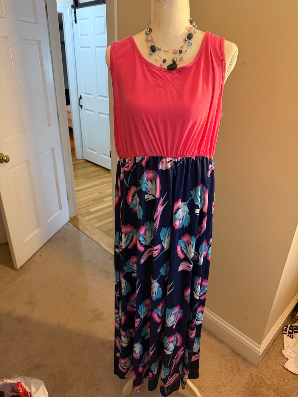Pink and Navy Floral Maxi Dress - Sleeveless Summer Dress